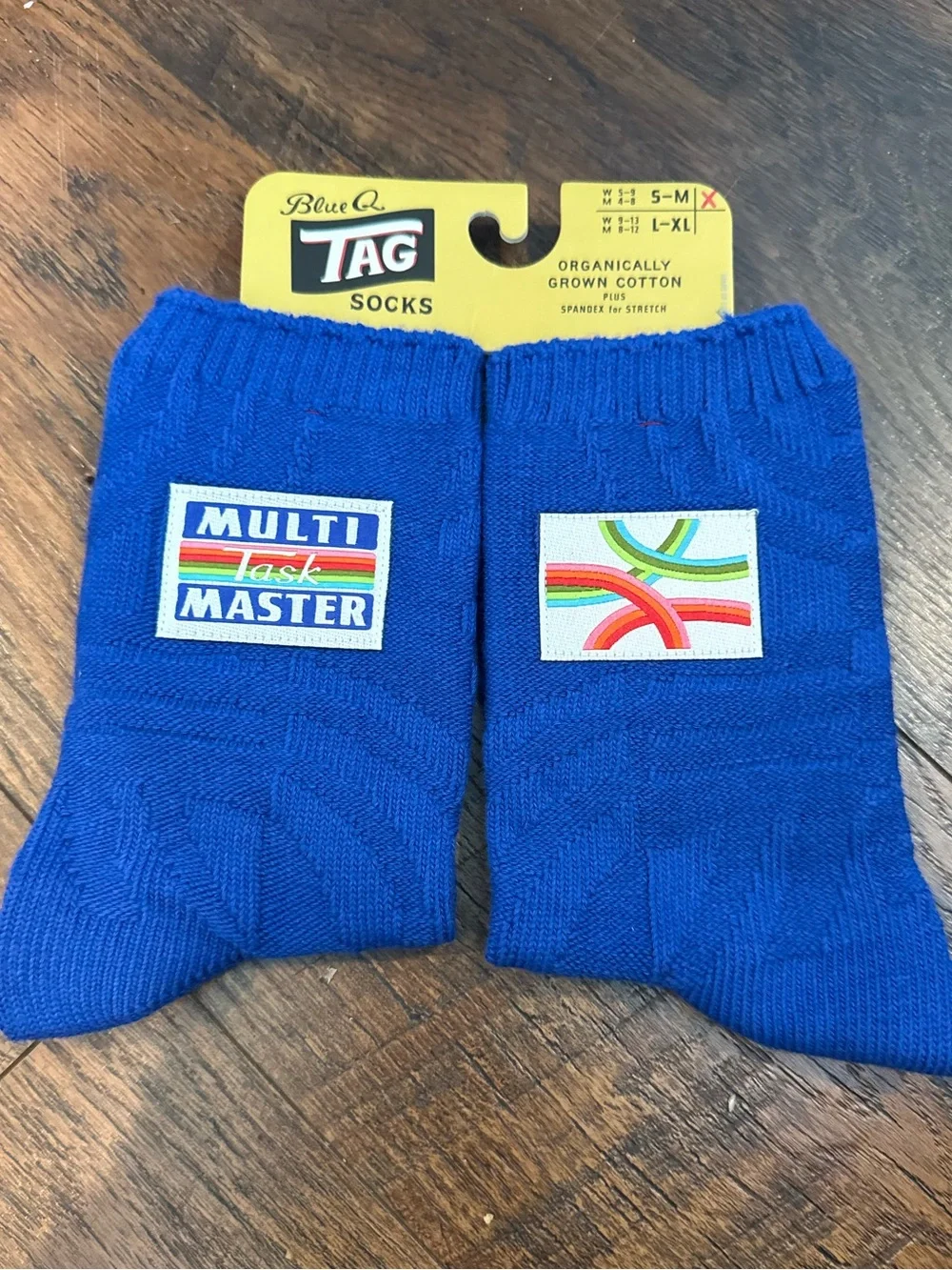 NWT Blue Q Tag Socks “Multi Task Master”, Size Small / Medium